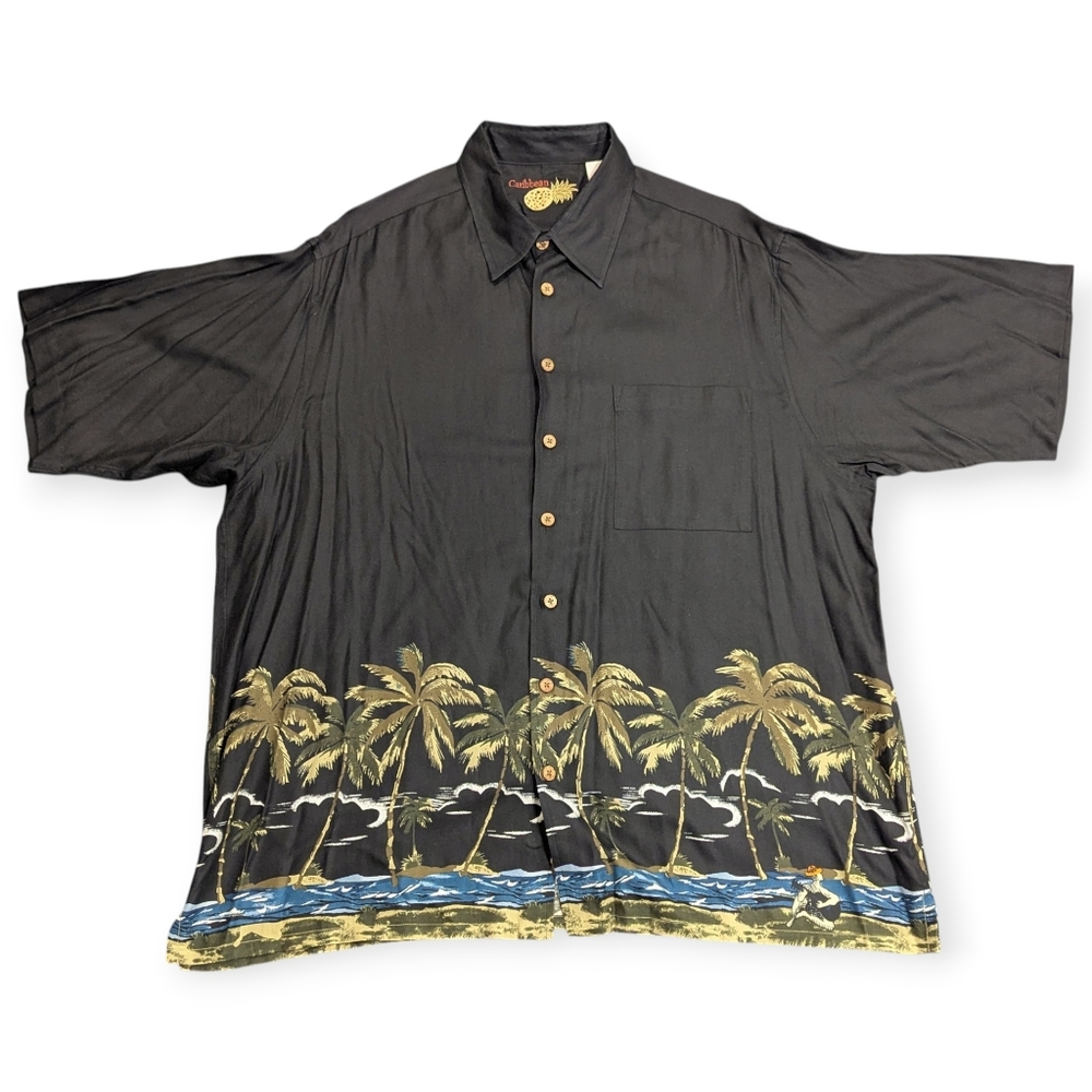 Caribbean Silk Blend Hawaiian Short Sleeve Button-up Island Scenery 2XLT Tall